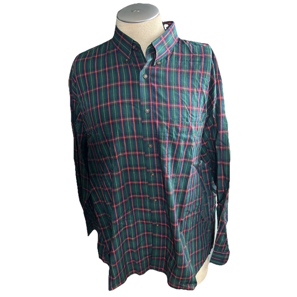 Puritan Mens Shirt Large Long Sleeve Button Up Plaid Green Easy Care 63938LR